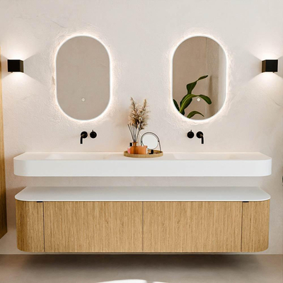 MONDIAZ THOR Meuble de salle de bains - 200cm - arrondi gauche + droite - couleur Oak - 2 tiroirs et 2 portes - Vasque suspendue CLOUD Double sans trou de robinet - couleur Talc