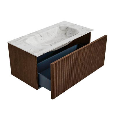 MONDIAZ KURVE-DLUX Meuble de salle de bains 90cm couleur Walnut avec 1 tiroir. Lavabo BIG SMALL central sans trou de robinet couleur Glace.
