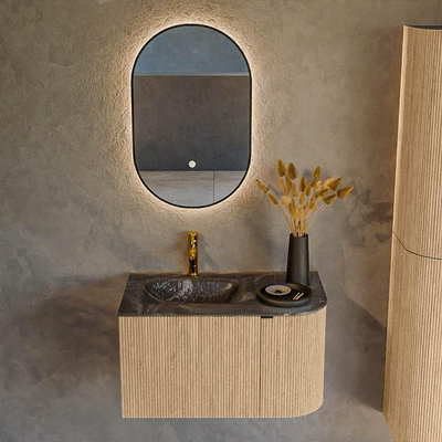 MONDIAZ KURVE-DLUX Meuble de salle de bains 75 cm avec module 25 R couleur Chêne avec 1 tiroir et 1 porte. Lavabo GRUNNE gauche 1 trou de robinet couleur Lava.