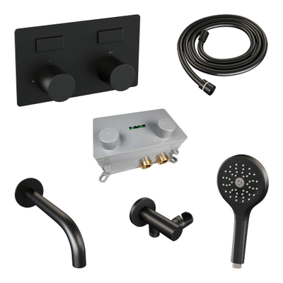 BRAUER Stripe Thermostatische Badkraan - drukknoppen - SET 04 - inbouw - uitloop - 3-standen handdouche - doucheslang - wandaansluitbocht - mat zwart