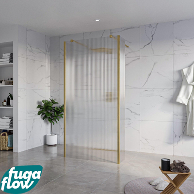 FugaFlow Eccelente Vetro Vrijstaande inloopdouche badkamer - 100x200cm - Helder geribbeld - antikalk - 8mm veiligheidsglas - 2 zijwanden 30cm - met wandarmen en hoekprofielen - Messing geborsteld (goud) -