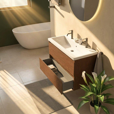 Saniclass Holz Pure Ensemble meuble de salle de bains - 100x45x63.5cm - Bari lavabo en céramique blanc - 1 vasque - 2 trous de robinetterie - 2 tiroirs - walnut pure mat (bois)