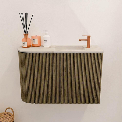 Mondiaz JOYA-DLUX 61.6cm toiletmeubel - ronding links kleur Dusk - Wastafel FAYE positie Rechts 1 kraangat kleur Frappe.