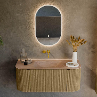 MONDIAZ KURVE-DLUX Meuble de salle de bains 110cm arrondi Gauche + Droite couleur Dusk avec 1 tiroir et 2 portes. Lavabo CLOUD Central sans trou de robinet Saba.