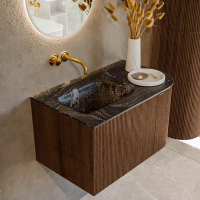MONDIAZ KURVE-DLUX 75cm badmeubel met module 25 R kleur Walnut met 1 lade en 1 deur. Wastafel GRUNNE links zonder kraangat kleur Lava.