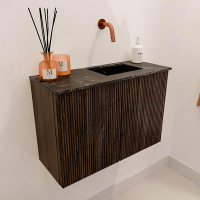 Mondiaz JOYA-DLUX 60cm toiletmeubel - kleur Walnut - Wastafel FAYE positie Rechts Zonder kraangat kleur Lava.
