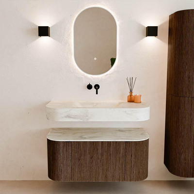 MONDIAZ THOR-DLUX 100cm badmeubel ronding links + rechts kleur Walnut met 1 lade en 2 deuren. Vrijhangende wastafel CLOUD Midden zonder kraangat kleur Ostra.