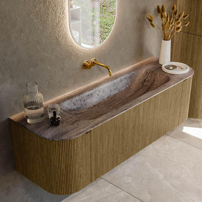 MONDIAZ KURVE-DLUX Meuble de salle de bains 150cm arrondi Gauche + Droite couleur Dusk avec 1 tiroir et 2 portes. Lavabo BIG MEDIUM Central sans trou de robinet Oza.