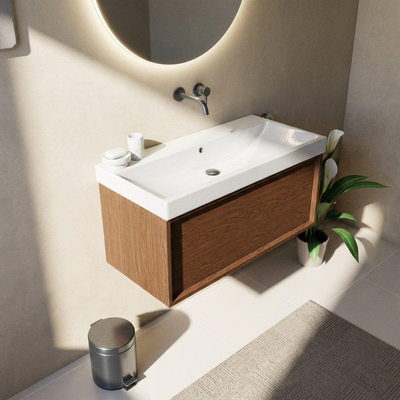 Saniclass Holz Frame Ensemble de meubles de salle de bains - 100x45x47.5cm - lavabo Wave en céramique - 1 vasque - sans trou de robinet - 1 tiroir - walnut pure mat (bois)