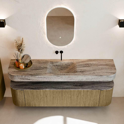 MONDIAZ THOR-DLUX 180cm meuble de salle de bains arrondi gauche + droite couleur Dusk avec 2 tiroirs et 2 portes. Vasque suspendue CLOUD Milieu sans trou de robinet couleur Oza.