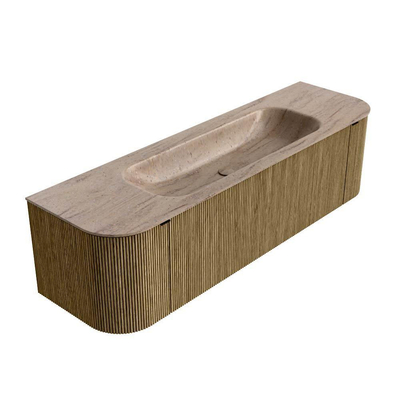 MONDIAZ KURVE-DLUX Meuble de salle de bains 160cm arrondi Gauche + Droite couleur Dusk avec 1 tiroir et 2 portes. Lavabo BIG MEDIUM Central sans trou de robinet Saba.