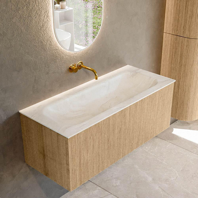 MONDIAZ KURVE-DLUX Meuble de salle de bains 110 cm couleur Oak avec 1 tiroir. Lavabo BIG MEDIUM centré sans trou de robinet couleur Ostra.