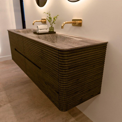 Mondiaz CIRO-DLUX Badkamermeubelset - 160x45x50cm - Solid surface wastafel Oza - 2 wasbak Dubbel - zonder kraangaten - 4 lades - Shadow