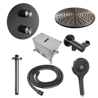 BRAUER Gunmetal Carving thermostatische Inbouw Regendouche - 3-weg - rond - set 84 - 30cm hoofddouche - plafondarm - 3-standen handdouche - doucheslang - wandaansluitbocht - gunmetal geborsteld PVD