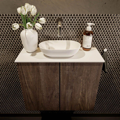 Mondiaz Fowy Meuble de toilette - 60x50x23cm - marron foncé mat - 0 trous de robinet - lavabo centré - 2 portes - solid surface - plan en mélamine - lavabo : blanc