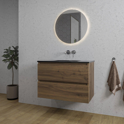 Saniclass Chaci Meuble de salle de bain - 80x46x55cm - lavabo en céramique noir - 1 vasque - sans trou de robinet - 2 tiroirs - ronde miroir avec éclairage - noyer (hout)