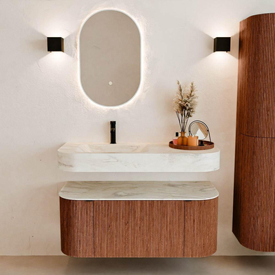 MONDIAZ THOR-DLUX Meuble de salle de bains 110cm arrondi gauche + droite couleur Ruby avec 1 tiroir et 2 portes. Vasque suspendue CLOUD Gauche 1 trou de robinet couleur Ostra.