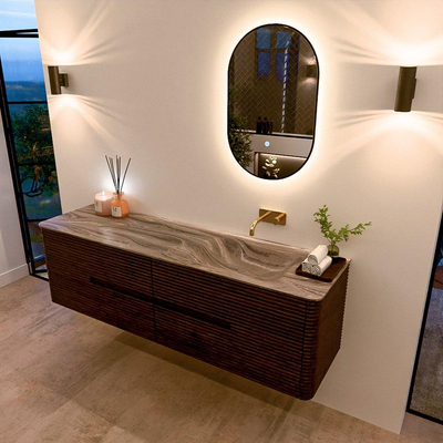 Mondiaz CIRO-DLUX Ensemble de meubles de salle de bains - 170x45x50cm - vasque en solid surface Sombra - 1 bassin à droite - sans trous de robinet - 4 tiroirs - Noyer