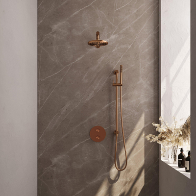 BRAUER Douche à effet pluie thermostatique encastrée en cuivre - 3 voies - rond - ensemble 85 - douche principale de 20 cm - bras mural droit - douchette à main - flexible de douche - barre de douche intégrée - cuivre brossé PVD