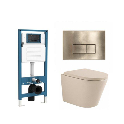 QeramiQ Dely Toiletset - inbouwreservoir Qeramiq Flush - 35mm zitting - metaal messing geborstelde bedieningsplaat - rechthoekige knoppen - beige