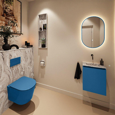 MONDIAZ TURE-DLUX Meuble toilette - 40cm - Jeans - EDEN - vasque Glace - position centrale - sans trou de robinet