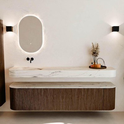 MONDIAZ THOR-DLUX 190cm badmeubel ronding links + rechts kleur Walnut met 2 lades en 2 deuren. Vrijhangende wastafel CLOUD Links zonder kraangat kleur Nata.