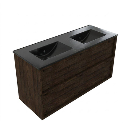 Saniclass Holz Frame Ensemble meuble de salle de bains - 120x45x62cm - lavabo Vygo en céramique noir - 2 vasques - sans trous de robinetterie - 2 tiroirs - chêne charcoal mat (bois)