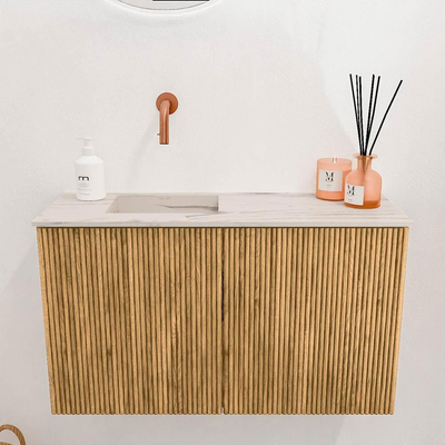 Mondiaz JOYA-DLUX 70cm toiletmeubel - kleur Oak - Wastafel FAYE positie Links Zonder kraangat kleur Nata.