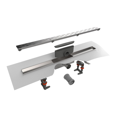 Easy Drain Compact 30 FF caniveau de douche inox avec plaque simple inox garde d'eau 30mm 200cm profondeur d'encastrement 63mm avec évacuation latérale