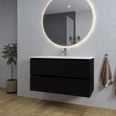 Saniclass Chaci Ensemble meuble de salle de bains - 100x46x55cm - lavabo en céramique blanc - 1 vasque - 1 trou de robinet - 2 tiroirs - miroir rond avec éclairage - noir mat