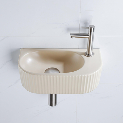 QeramiQ Fuente Ensemble de lave-mains - 40x21.5x12cm - droit - lisse - demi-rond - 1 trou de robinet - céramique - robinet de lave-mains inox brossé - bouchon de vidage - siphon abaissé - beige