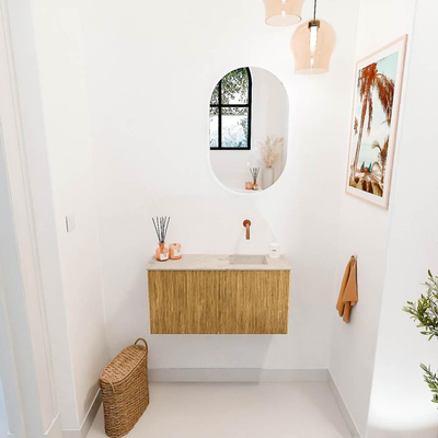 Mondiaz JOYA-DLUX 80cm toiletmeubel - kleur Oak - Wastafel FAYE positie Rechts Zonder kraangat kleur Frappe.