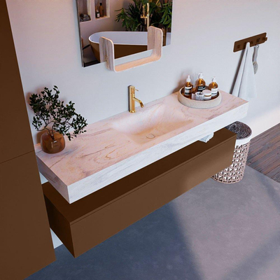 Mondiaz ALAN-DLUX Ensemble de meuble - 150cm - meuble Rust mat - 1 tiroir - Lavabo Cloud Ostra suspendu - vasque Centre - 1 trou de robinet