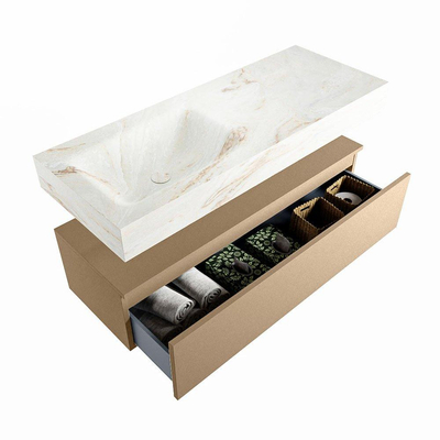 Mondiaz ALAN-DLUX Ensemble de meuble - 120cm - meuble Oro mat - 1 tiroir - Lavabo Cloud Frappe suspendu - vasque Gauche - 0 trous de robinet