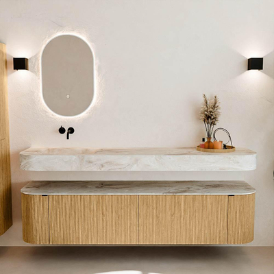 MONDIAZ THOR-DLUX 190cm meuble de salle de bains arrondi gauche + droite couleur Oak avec 2 tiroirs et 2 portes. Vasque suspendue CLOUD Gauche sans trou de robinet couleur Frappe.