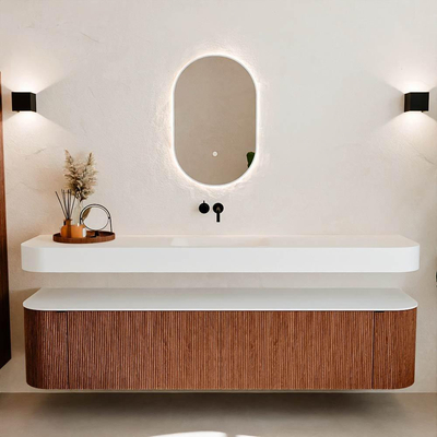 MONDIAZ THOR 200cm meuble de salle de bains arrondi gauche + droite couleur Ruby avec 2 tiroirs et 2 portes. Vasque suspendue CLOUD Milieu sans trou de robinet couleur Talc.