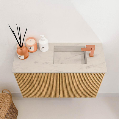 Mondiaz JOYA-DLUX 60cm toiletmeubel - kleur Oak - Wastafel FAYE positie Rechts 1 kraangat kleur Opalo.
