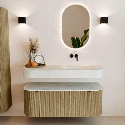 MONDIAZ THOR-DLUX 120cm meuble de salle de bains arrondi gauche + droite couleur Dusk avec 1 tiroir et 2 portes. Vasque suspendue CLOUD Droite sans trou de robinet couleur Opalo.