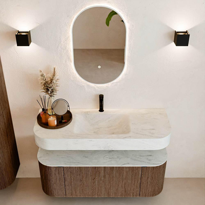 MONDIAZ THOR-DLUX 120cm meuble de salle de bains arrondi gauche + droite couleur Walnut avec 1 tiroir et 2 portes. Vasque suspendue CLOUD Milieu 1 trou de robinet couleur Opalo.