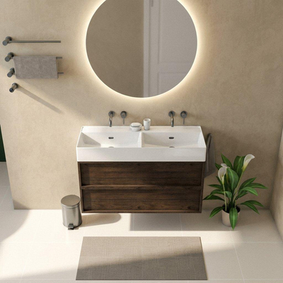 Saniclass Holz Frame Ensemble meuble de salle de bains - 120x45x72cm - Legend lavabo en céramique blanc - 2 vasques - sans trous de robinetterie - 2 tiroirs - chêne charcoal mat (bois)