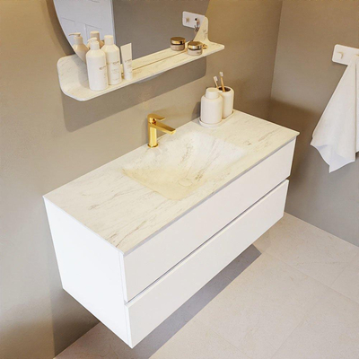 Mondiaz VICA-DLUX ensemble de meuble de salle de bain - 110cm - meuble sous lavabo talc - 2 tiroirs - lavabo encastré cloud milieu - 1 trou de robinet - version haute de 60cm - opalo