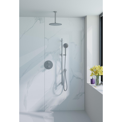 Fortifura Calvi Colonne de douche pluie - encastrable - ronde - thermostatique - bras plafond - barre curseur - pomme 25cm - douchette ronde - inox brossé PVD