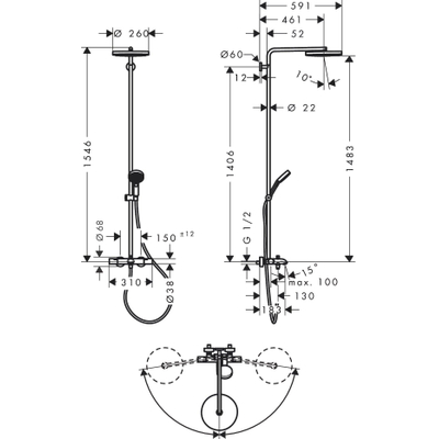 Hansgrohe Pulsify S Puro doucheset - 26cm - thermostatisch - met baduitloop - ecosmart - chroom