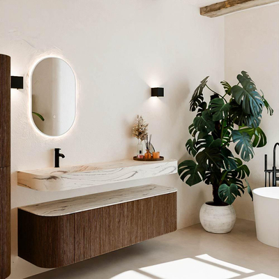 MONDIAZ THOR-DLUX 160cm meuble de salle de bains arrondi gauche + droite couleur Walnut avec 1 tiroir et 2 portes. Vasque suspendue CLOUD Gauche 1 trou de robinet couleur Nata.