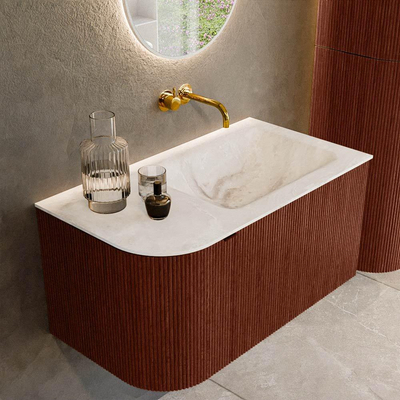 Mondiaz KURVE-DLUX Ensemble de meubles de salle de bains - 85x46x40cm - 1 tiroir - 1 porte - lavabo solid surface - droite - sans trou de robinet - Ruby