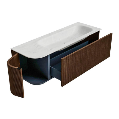 MONDIAZ KURVE-DLUX meuble de salle de bains 135 cm avec module 25 L couleur Walnut avec 1 tiroir et 1 porte. Lavabo BIG MEDIUM droit 1 trou de robinet couleur Opalo.