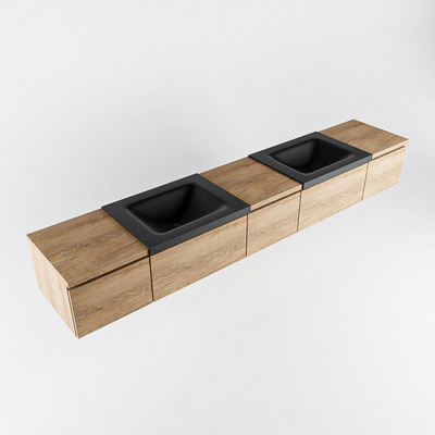 MONDIAZ BUKLA 240cm badmeubel met module 40 kleur Washed Oak met 5 lades. Wastafel CLOUD dubbel 2 kraangaten kleur Urban.