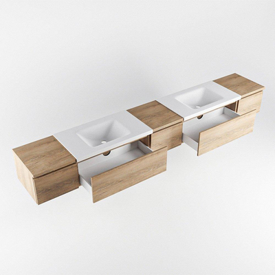 MONDIAZ BUKLA 280cm meuble de salle de bains avec module 40 couleur Washed Oak avec 5 tiroirs. Lavabo CLOUD double 2 trous de robinet couleur Talc.