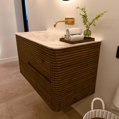 Mondiaz CIRO-DLUX Ensemble meuble de salle de bains - 90x45x50cm - vasque solid surface Frappe - 1 lavabo au milieu - sans trous de robinet - 2 tiroirs - Dusk