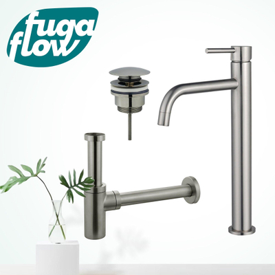 FugaFlow Eccelente Sobrado Badkamer Slim Wastafelkraanset - verhoogde wastafelkraan - klikwaste plug - design sifon - PVD Geborsteld RVS
